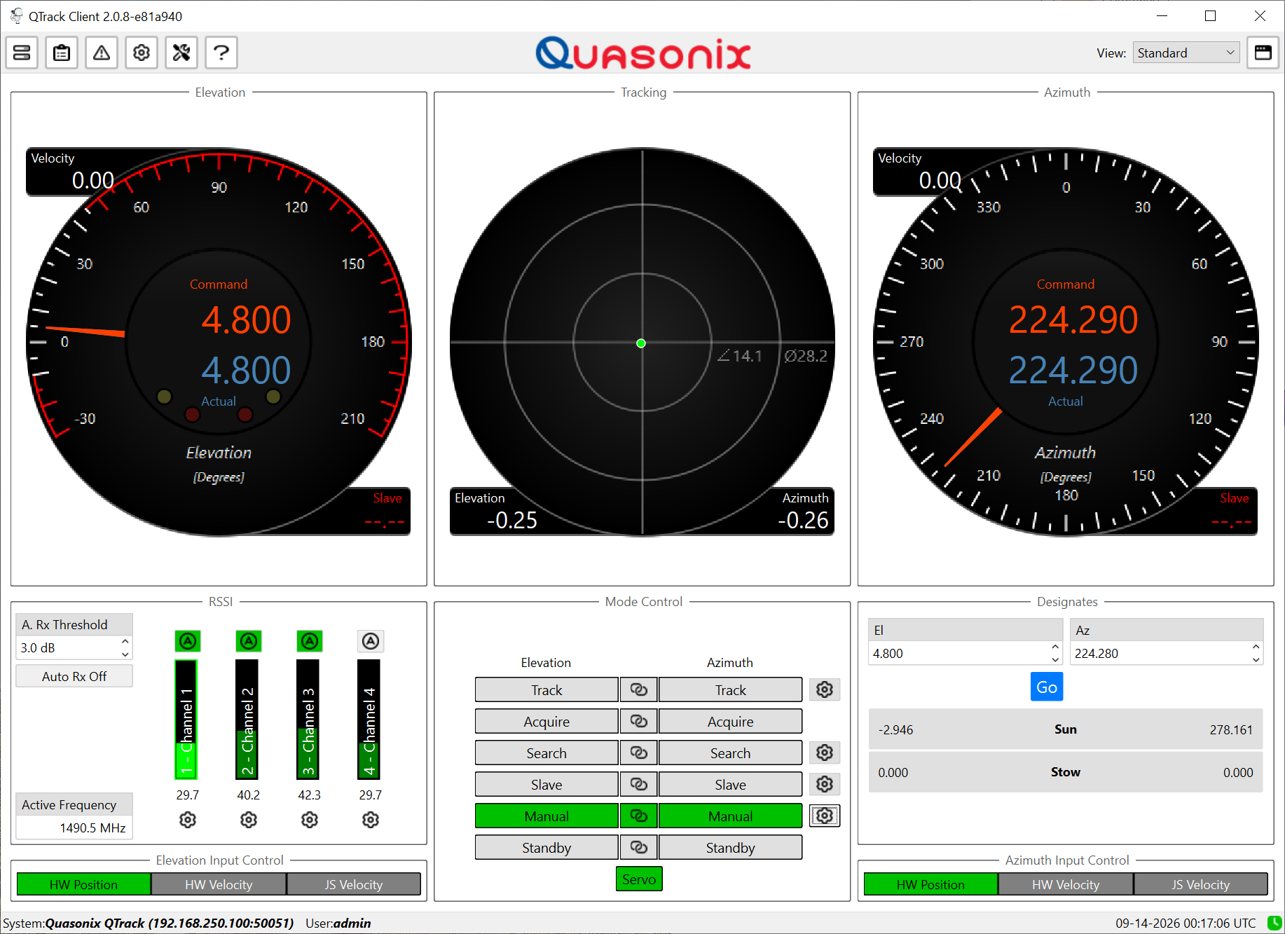 QTrack Antenna control window. The interface closely matches the PD Series controller, reducing training and making it easy for operators to move between QTrack and PD Series systems.