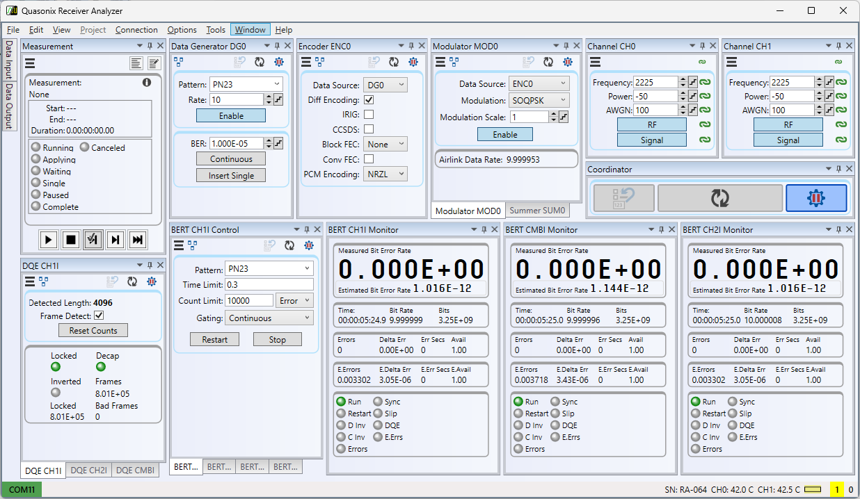Receiver Analyzer browser interface. Example of basic functionality, with BERTs and DQE.