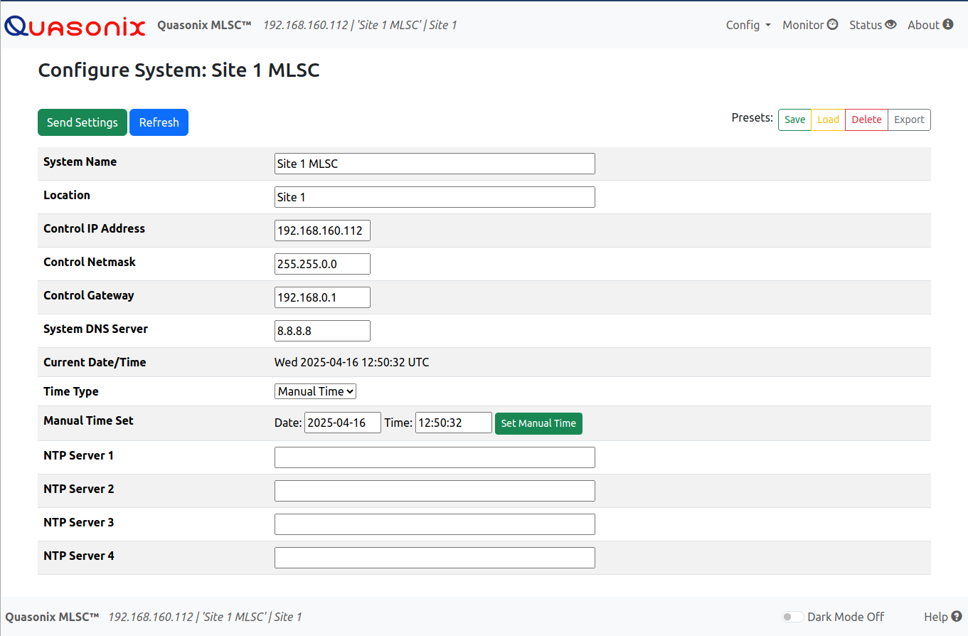 Screen capture of MLSC's Configure System browser interface