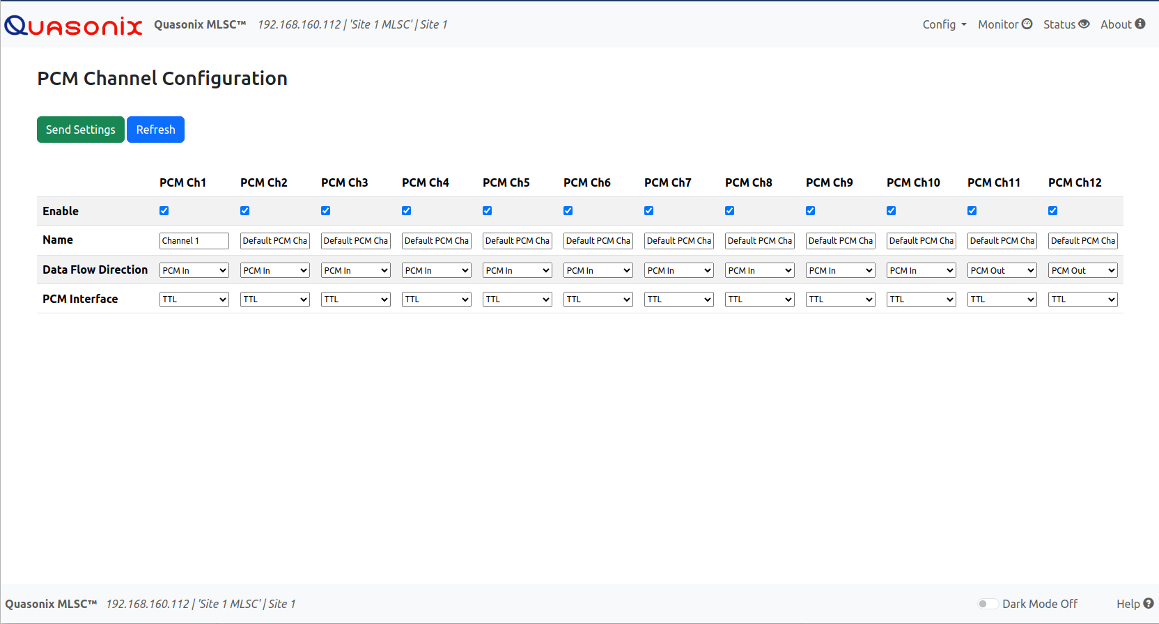 Screen capture of MLSC's PCM Channel Configuration browser interface