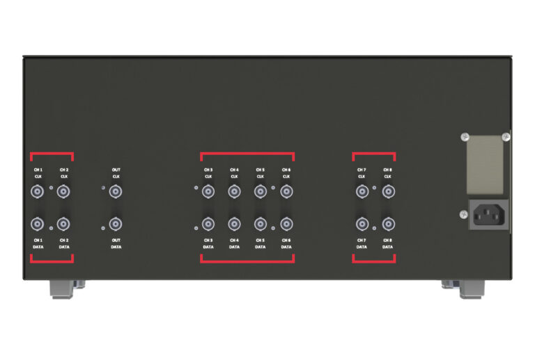 QBERT rear panel. Note the accommodation of up to 8 simultaneous channels in one chassis.