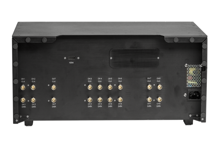 The QBERT™ Bit Error Rate Tester rear panel accommodates up to 8 simultaneous channels in one chassis, with an HDMI port allowing connection to an external monitor.