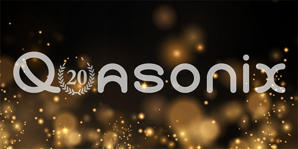 Quasonix anniversary logo over shimmering gold background