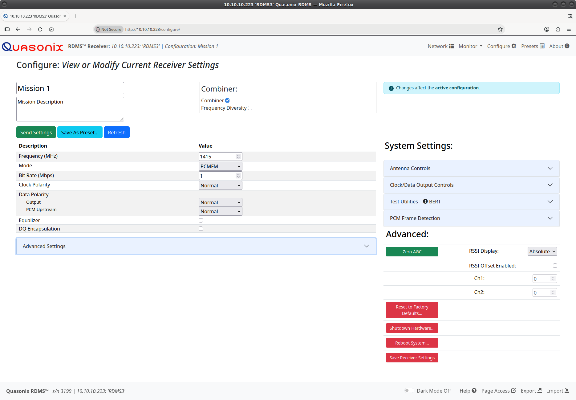 RDMS Receiver – Configure screen