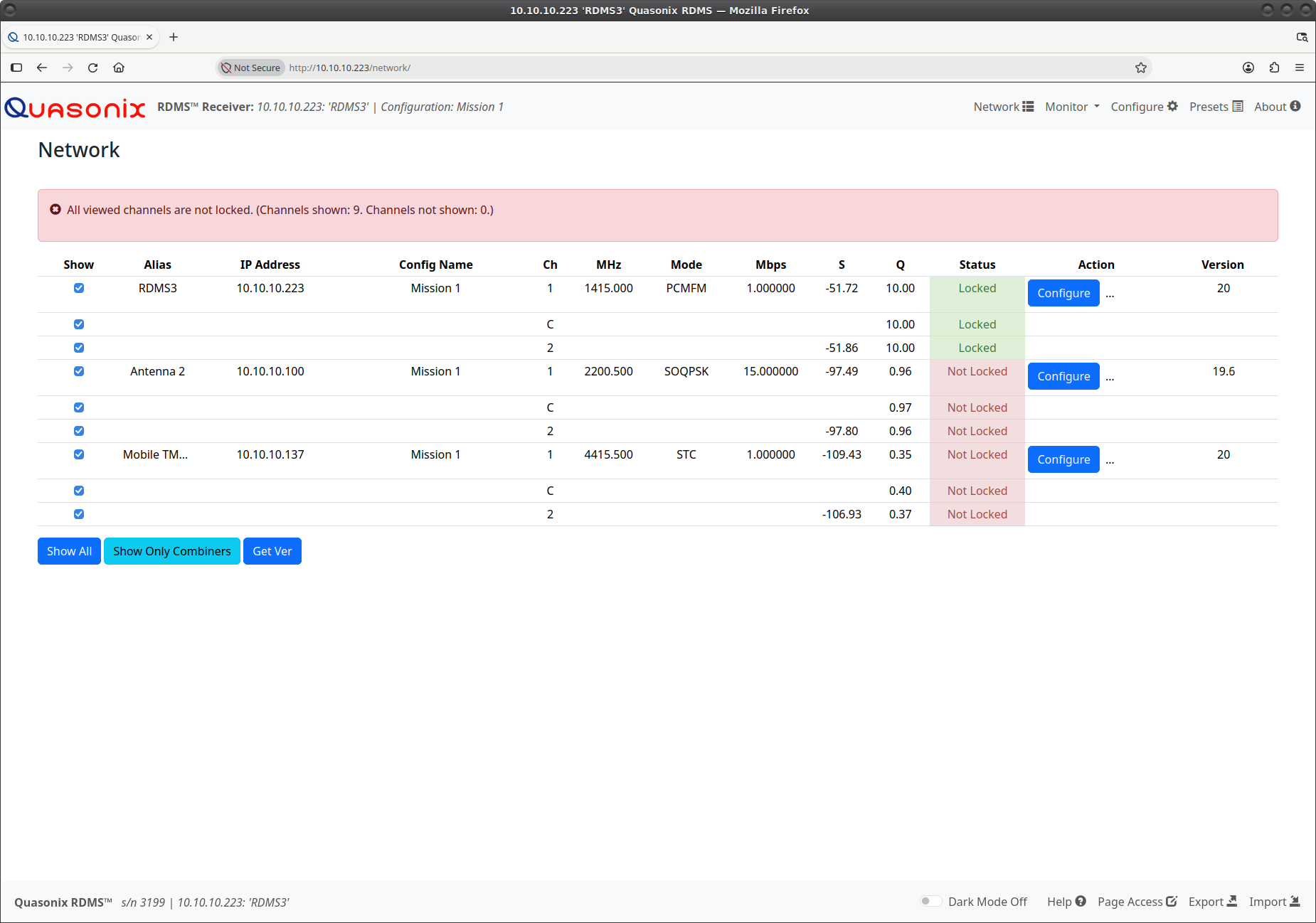 RDMS Receiver – Network screen