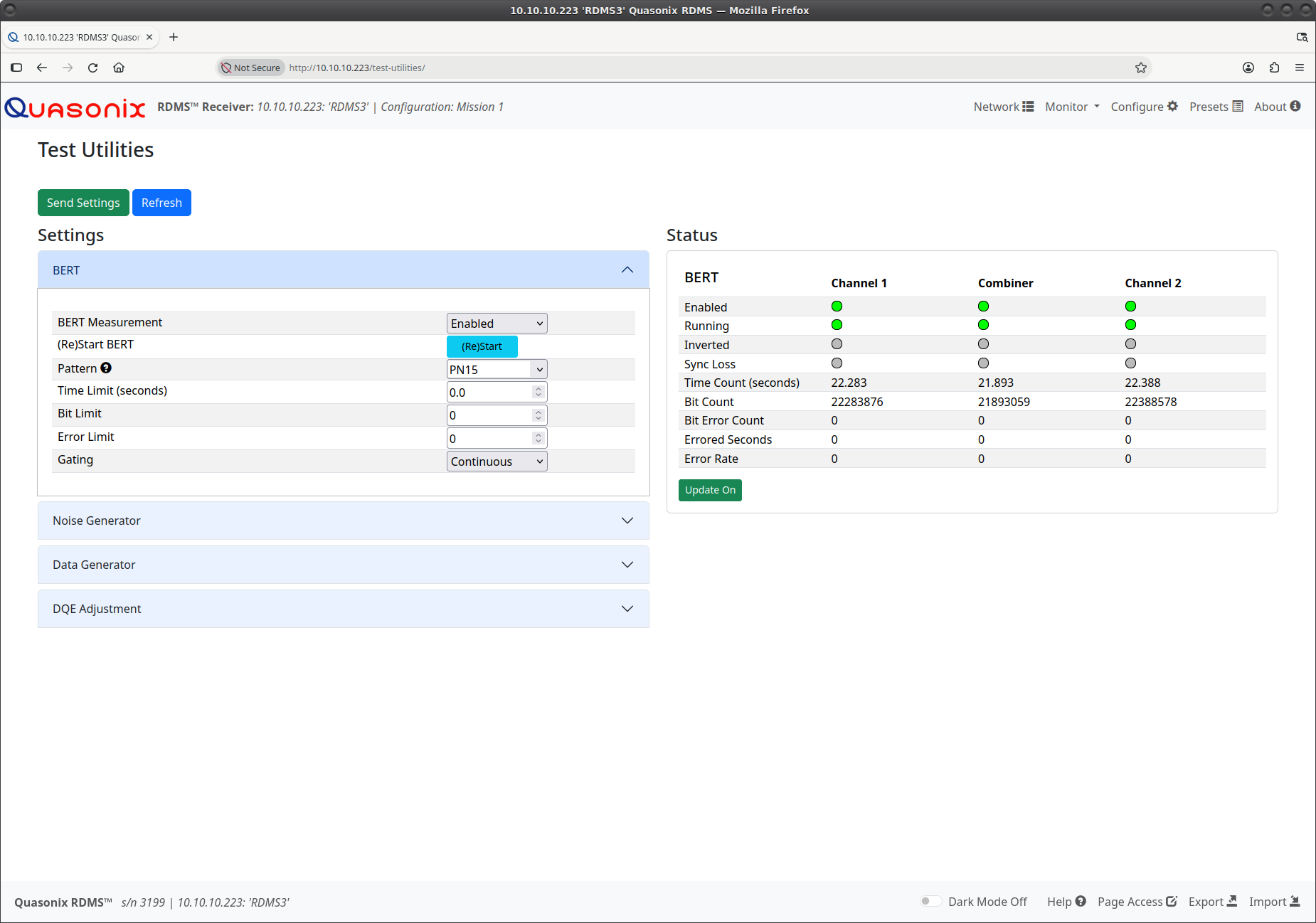 RDMS Receiver – Test Utilities screen