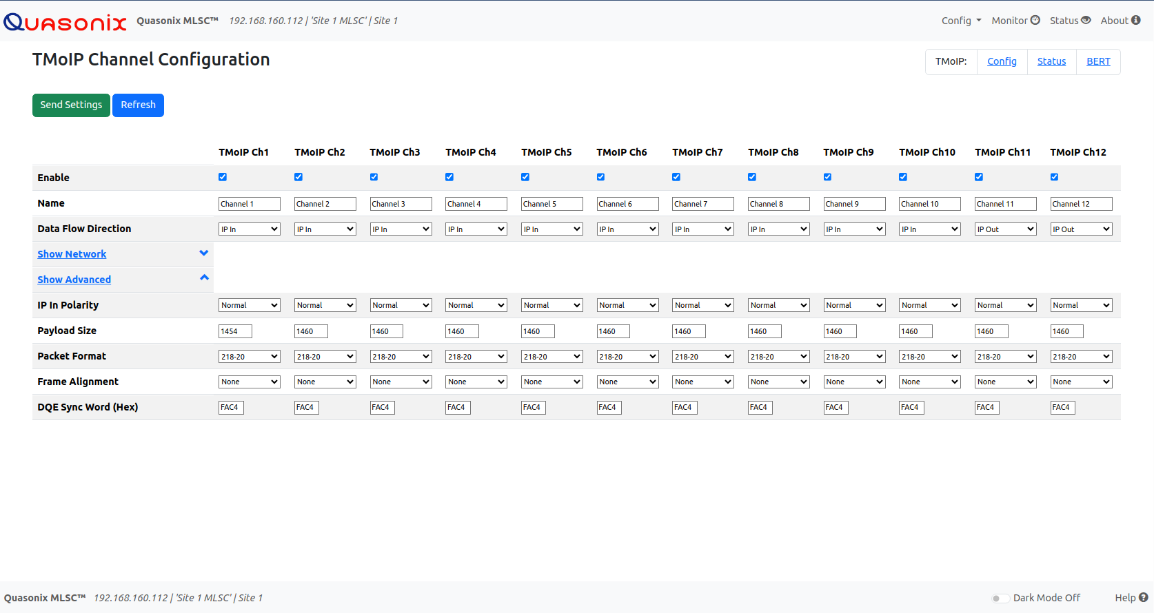 Screen capture of MLSC's TMoIP Channel Configuration browser interface