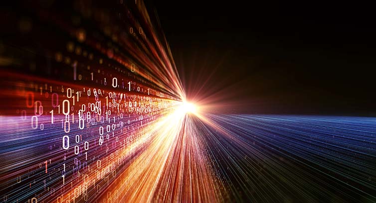 3D illustration. Color bytes of binary code flying through a vortex, background code depth of field and flares. Data transmission channel. Motion of digital data flow. Transferring of big data