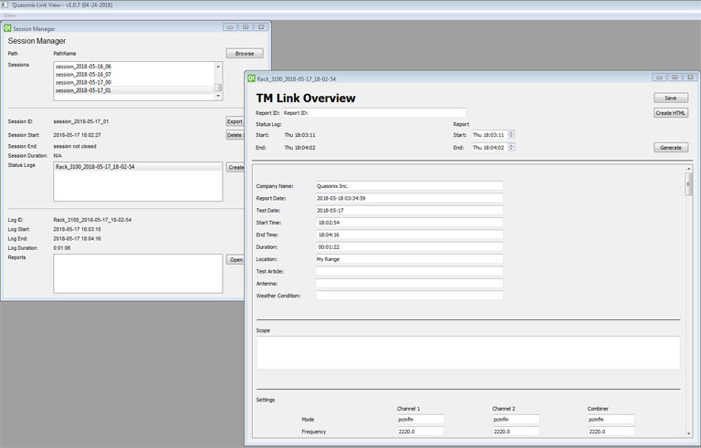 Screen capture of the LinkView application, showing a clean layout of the Session Manager and the TM Link Overview screen